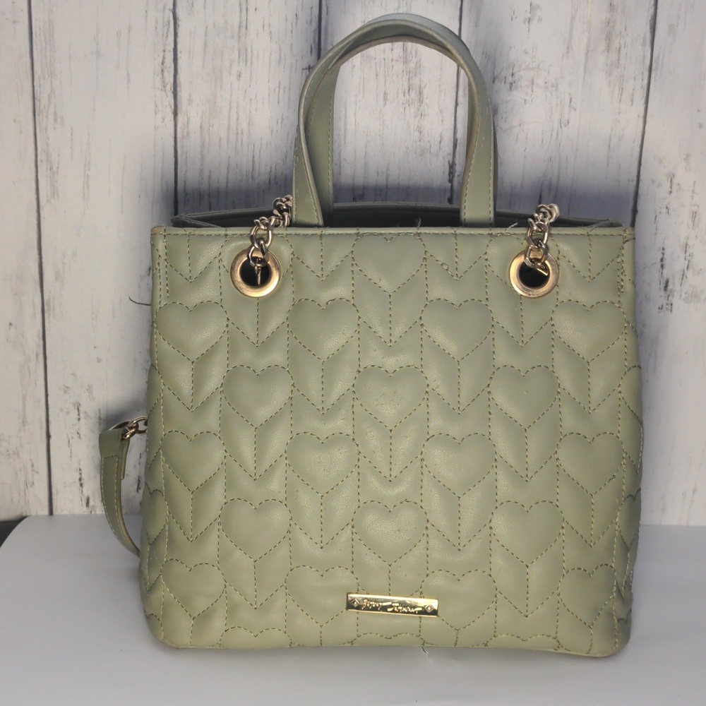 Betsey Johnson XO Handbag Quilted Heart Shoulder Bag Sage Gold Double Strap
